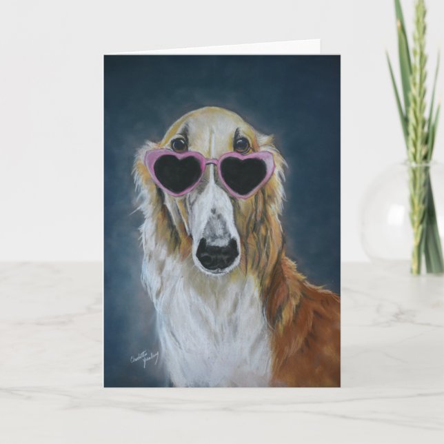 Borzoi in Heart Glasses Dog Art Greeting Card (Front)