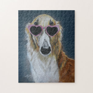 Borzoi in Heart Glasses Dog Art Puzzle