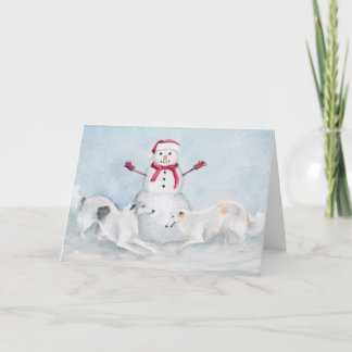 Borzoi Playing with Snowman Dog Art Greeting Card