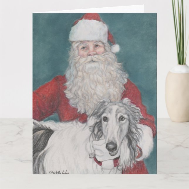 Borzoi & Santa Dog Art Christmas Card (Front)