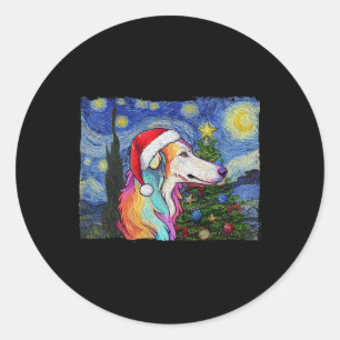 Borzoi Santa Hat Christmas Starry Night Dog Art Pa Classic Round Sticker