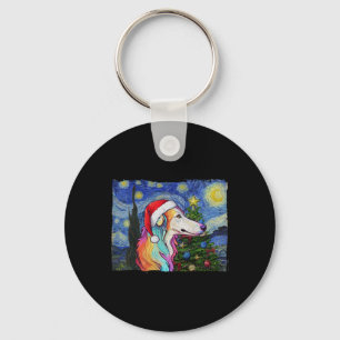 Borzoi Santa Hat Christmas Starry Night Dog Art Pa Key Ring