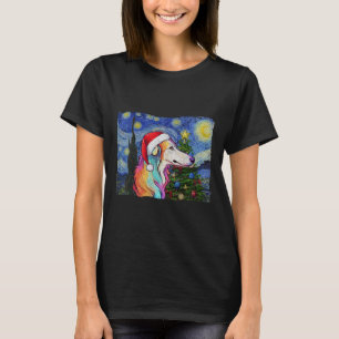 Borzoi Santa Hat Christmas Starry Night Dog Art Pa T-Shirt