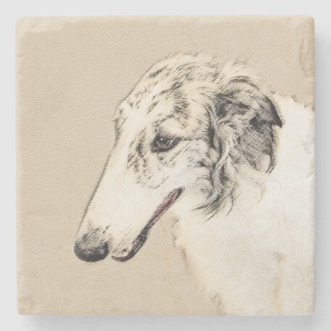 Borzoi (Silver Brindle) Painting Original Dog Art Stone Coaster (Front)