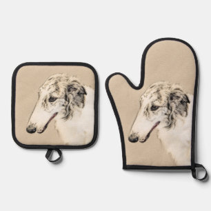 Borzoi Silver Brindle Painting Wolfhound Dog Art Oven Mitt & Pot Holder Set