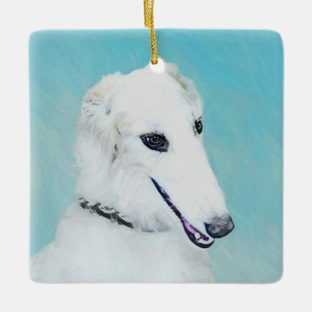 Borzoi (White) Painting - Cute Original Dog Art Ceramic Ornament (Front)
