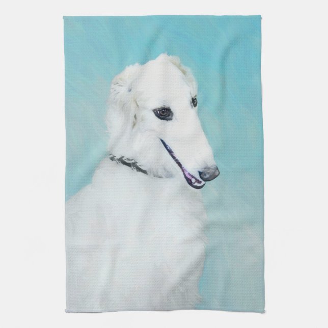 Borzoi (White) Painting - Cute Original Dog Art Tea Towel (Vertical)