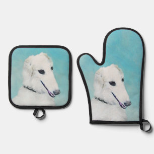 Borzoi White Painting Russian Wolfhound Dog Art Oven Mitt & Pot Holder Set