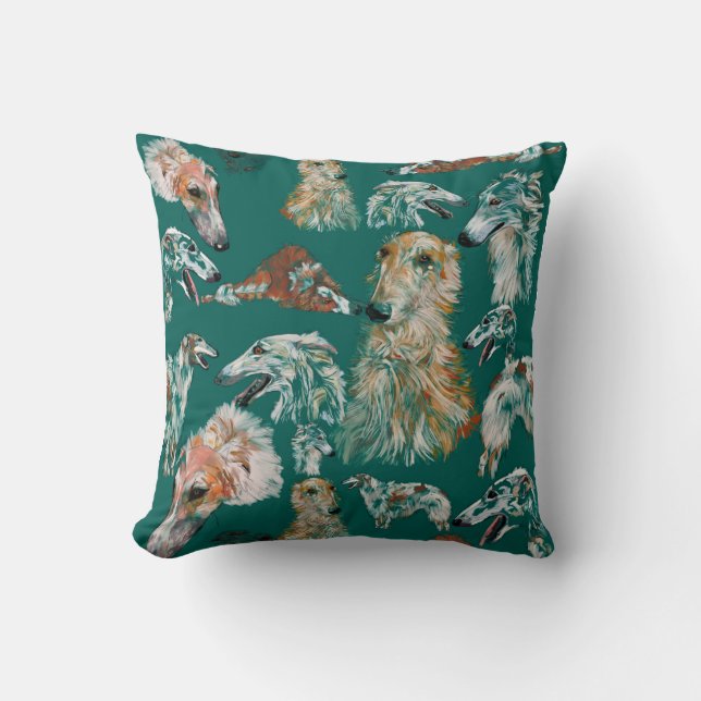 Borzois on Teal Cushion (Front)