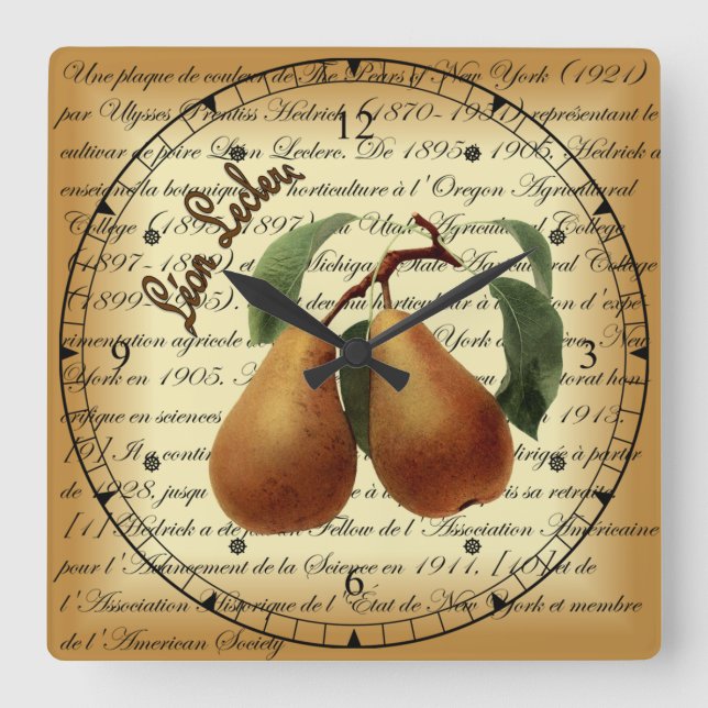 Bosc Pears~Léon Leclerc~Ulysses Prentiss Hedrick~ Square Wall Clock (Front)