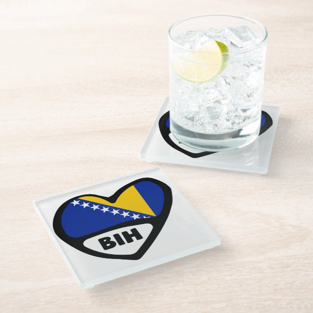 Bosnia and Herzegovina Country Code Flag Heart BIH Glass Coaster (Angled)