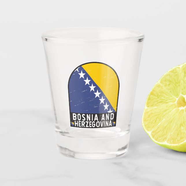 Bosnia and Herzegovina Flag Emblem Distressed Shot Glass (Front)