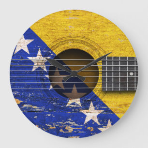 Bosnia-Herzegovina Flag on Old Acoustic Guitar Large Clock