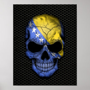 Bosnia - Herzegovina Flag Skull on Steel Mesh Grap Poster