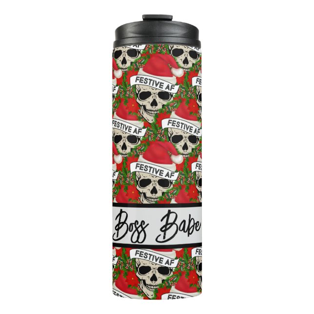 Boss Babe Festive AF Skeleton In Santa Hat Pattern Thermal Tumbler (Front)