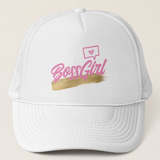 Boss Girl Pink Gold Trucker Hat (Front)