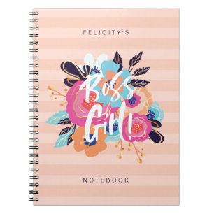 Boss Girl Trendy Bold Florals & Blush Striped Notebook