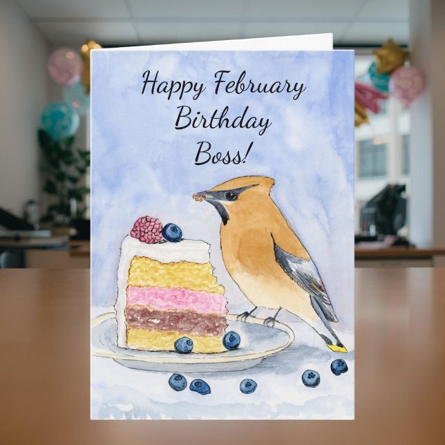 Boss Happy February Birthday Cedar Waxwing Cake Card (Creator Uploaded)