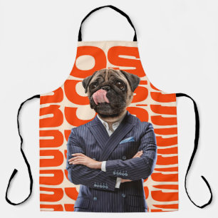 Boss headed by dog head standing with hands crosse apron