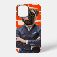 Boss headed by dog head standing with hands crosse