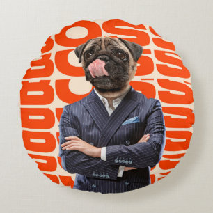 Boss headed by dog head standing with hands crosse round cushion