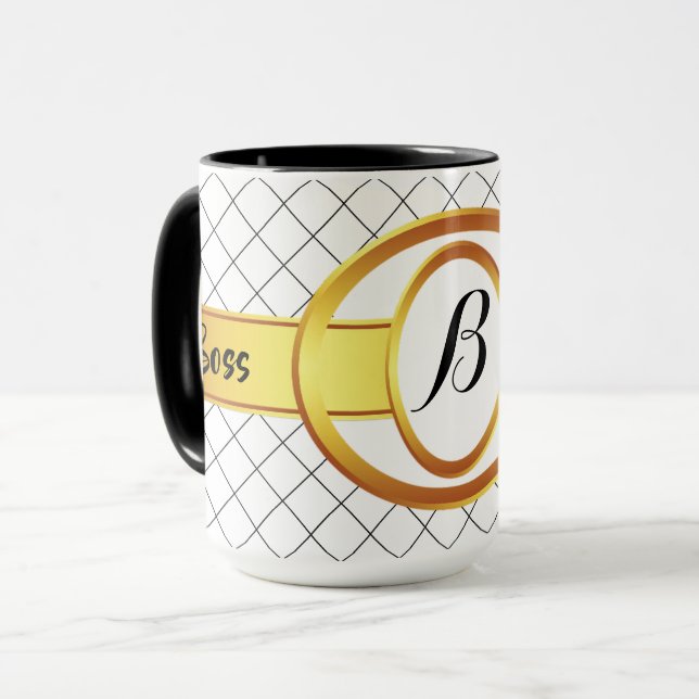 Boss Lady Black and Yellow Monogram Ringer 15oz Mug (Front Left)