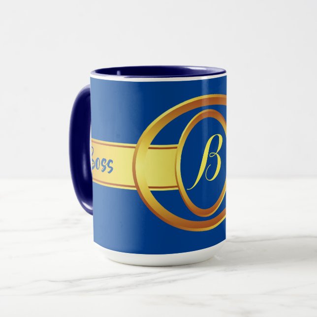 Boss Lady Blue and Yellow Monogram Ringer 15oz Mug (Front Left)