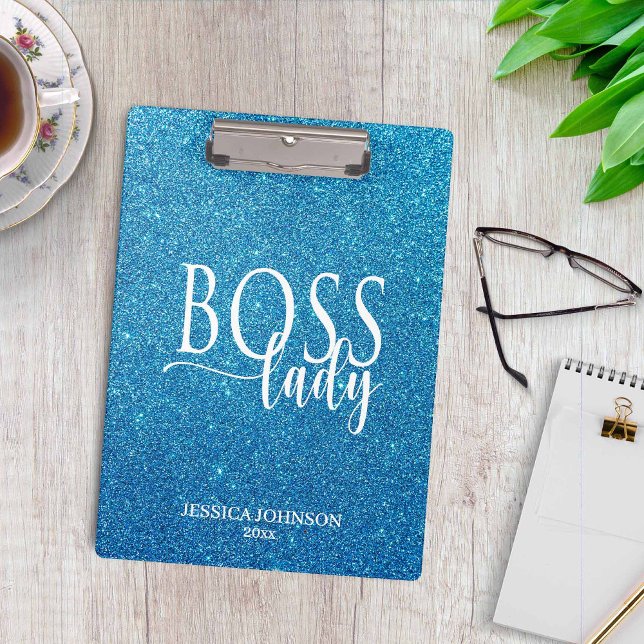 Boss Lady Blue Sparkle and White Script Clipboard (Creator Uploaded)