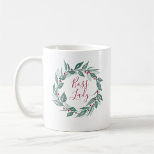 Boss Lady Boho Greenery Wreath Red Berries Holiday Coffee Mug