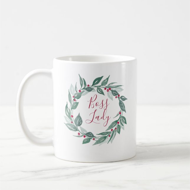 Boss Lady Boho Greenery Wreath Red Berries Holiday Coffee Mug (Left)
