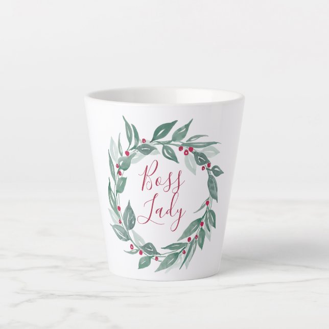 Boss Lady Boho Greenery Wreath Red Berries Holiday Latte Mug (Front)