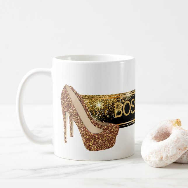 Boss Lady | Chic Black Gold Glitter High Heels Coffee Mug (With Donut)