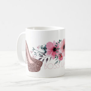 Boss Lady Chic Floral Rose Gold Glitter Shoes Coffee Mug