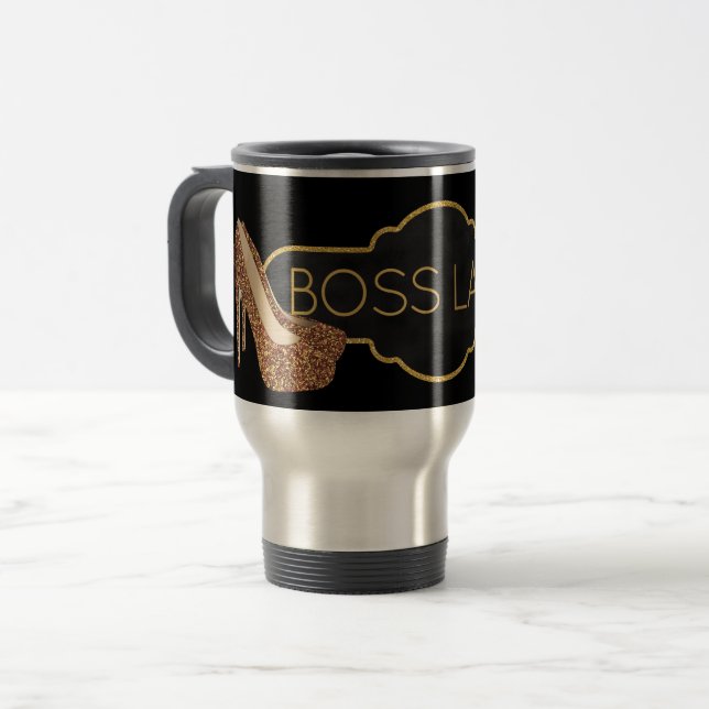 Boss Lady | Chic Gold Glitter High Heels Travel Mug (Front Left)