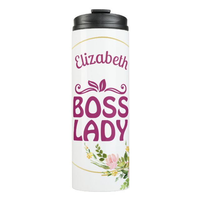 Boss Lady Cool Floral Pink Text Thermal Tumbler (Front)