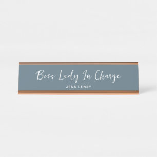 Boss Lady Dusty Blue Gold Office Personalised Desk Name Plate
