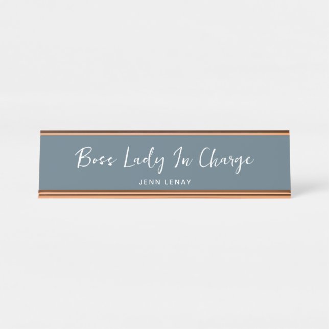 Boss Lady Dusty Blue Gold Office Personalised Desk Name Plate (Front)