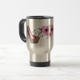 Boss Lady   Floral Rose Gold Glitter Shoes Travel Mug