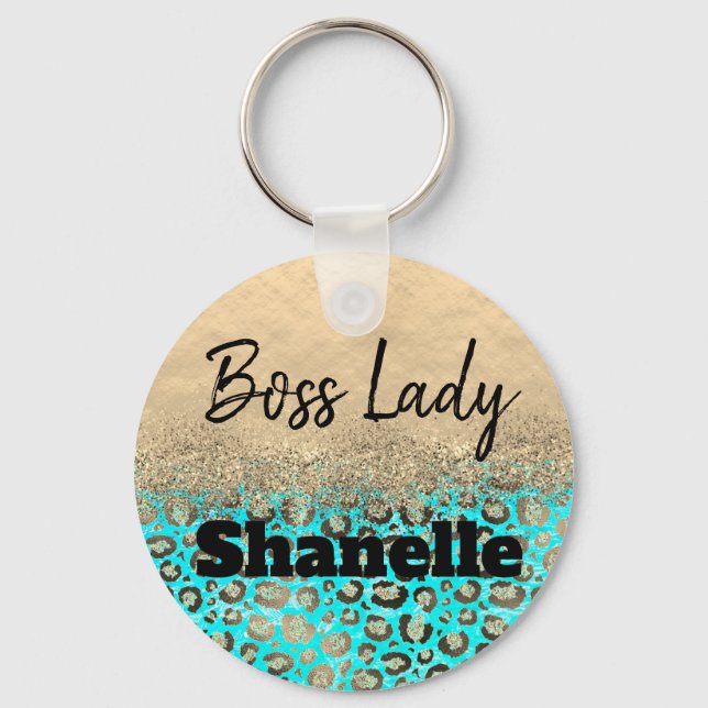 Boss Lady Glittery Turquoise Leopard Custom       Key Ring (Front)