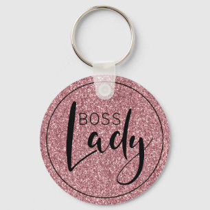Boss Lady Logo Trendy Girly Pink Glitter Key Ring