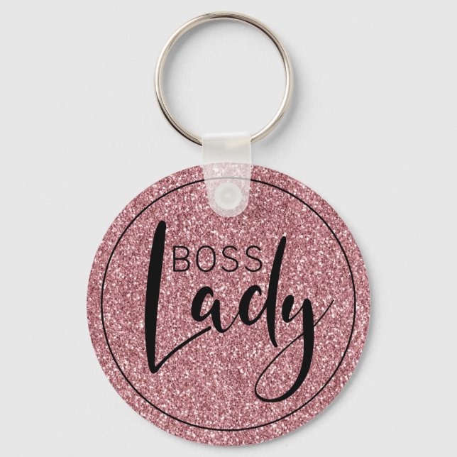 Boss Lady Logo Trendy Girly Pink Glitter Key Ring (Front)