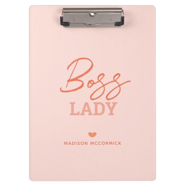 Boss Lady Modern Pink Orange Script Heart Monogram Clipboard (Front)