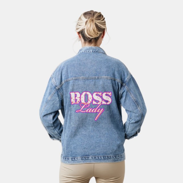 Boss Lady Pink And White Design Denim Jacket (Model)