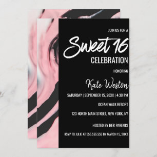 Boss Lady Pink Black Painted Marble Sweet 16 Invitation