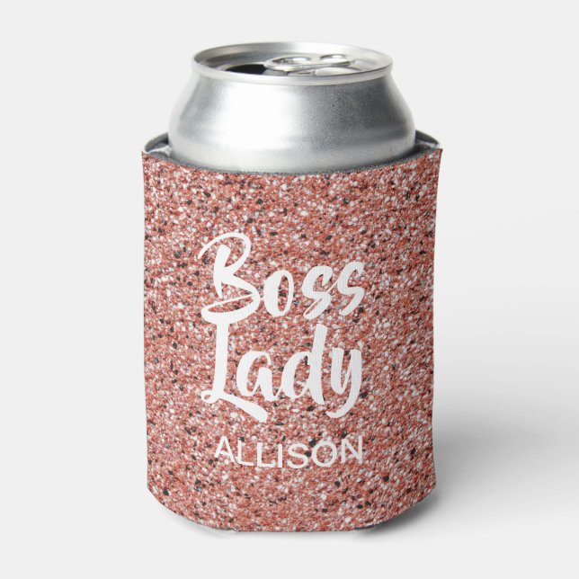 Boss Lady Pink Rose Gold Glitter Sparkle Custom Can Cooler (Can Front)