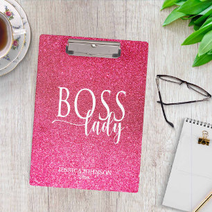Boss Lady Pink Sparkle and White Script Clipboard
