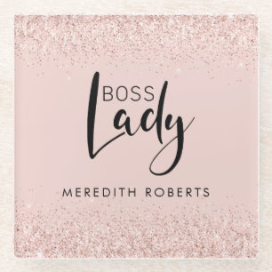 Boss Lady Rose Gold Blush Glitter Personalised Glass Coaster