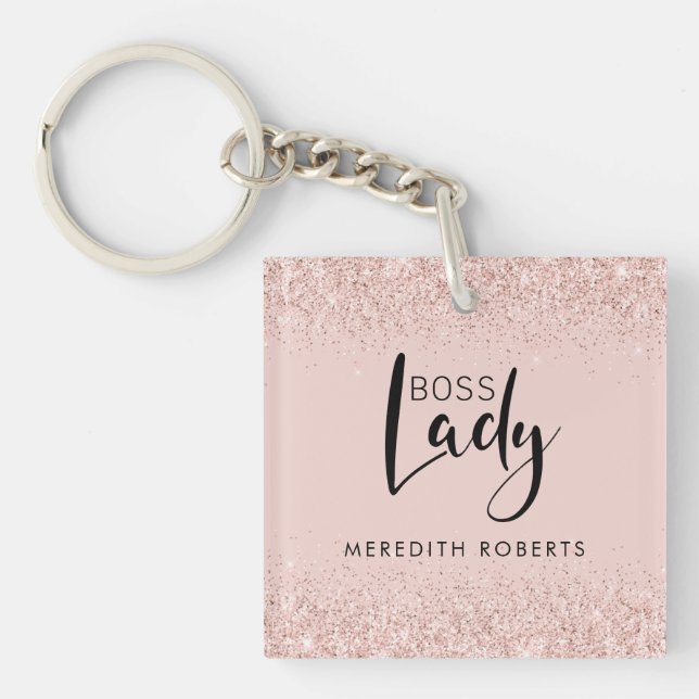 Boss Lady Rose Gold Blush Glitter Personalised Key Ring (Front)