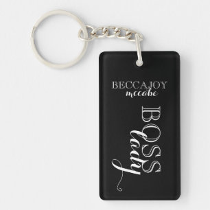 Boss Lady Script Custom Name Black White Key Ring