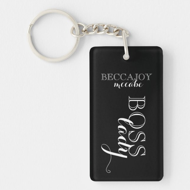 Boss Lady Script Custom Name Black White Key Ring (Front)
